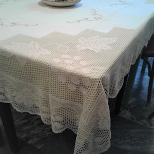 Handmade Cotton Tablecloth: Cutwork Embroidery, Crochet Lace - Greek Design