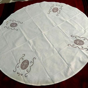 White Cutwork Embroidered Tablecloth: Linen Viscose Blend, 70 Inch
