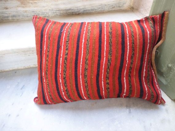 Handwoven Striped Cushion Cover: Red, Black Beige Pillow