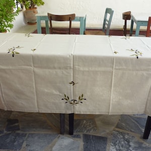 Embroidered traditional tablecloth - Greek product - Olives design - Beige linen viscose textile - Table decor - 3602