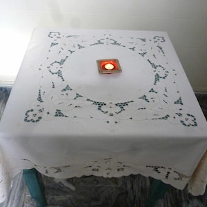 Handmade Cotton Square Tablecloth: Light Beige Cutwork Design