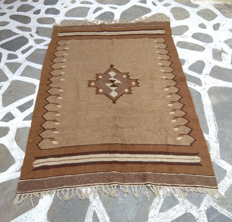 Vintage Handwoven Kilim/rug greek Rug by Goat's Wool Beige and Brown