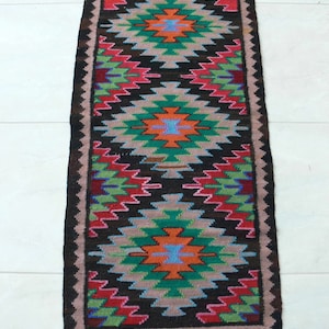 Vintage Hand Woven Wool Kilim Rug: 1970s Bohemian Geometric Design (49.2 x 22.8 inches)