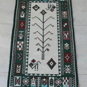 Tree of Life Cotton Woven Rug: Double Faced Ecology Design (19.7 x 39.4 inches)