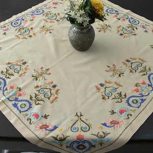 Handmade byzantine embroidery - Linen Table square - Table decor- Colourful threads on beige linen - Traditional - Greek byzantine handiwork