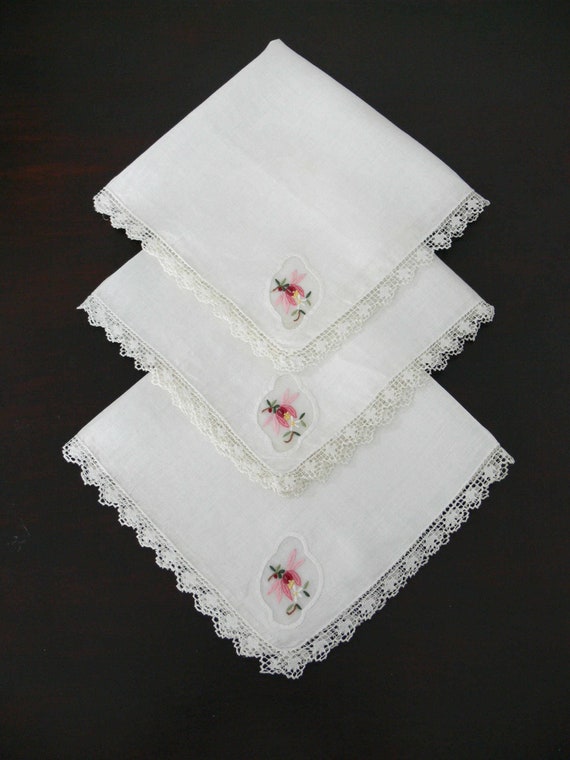 Lot 6 Serviettes De Table Coton écru, Motif Floral Brodé Coin, Style Vintage