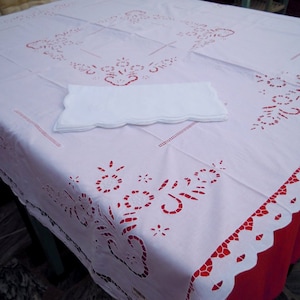 Handmade cotton square tablecloth with cutwork designs in white color - Beautiful centerpiece - Table decoration - Dinner table- 0002138