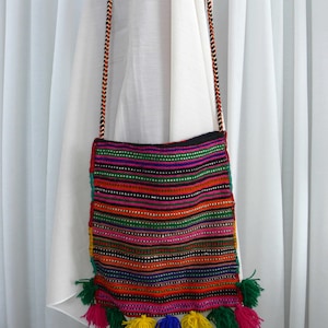 Vintage handwoven bag - Tagari bag - Greek handmade shoulder bag - Boho style bag - Striped design with pom pom - 4462