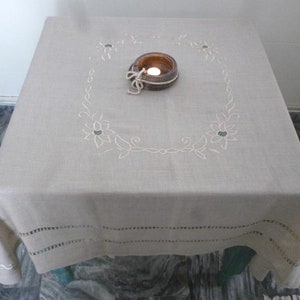 Linen tablecloth with satin-stitch embroidery and handmade azure designs - Beige colour - Greek product - Table decoration - 130