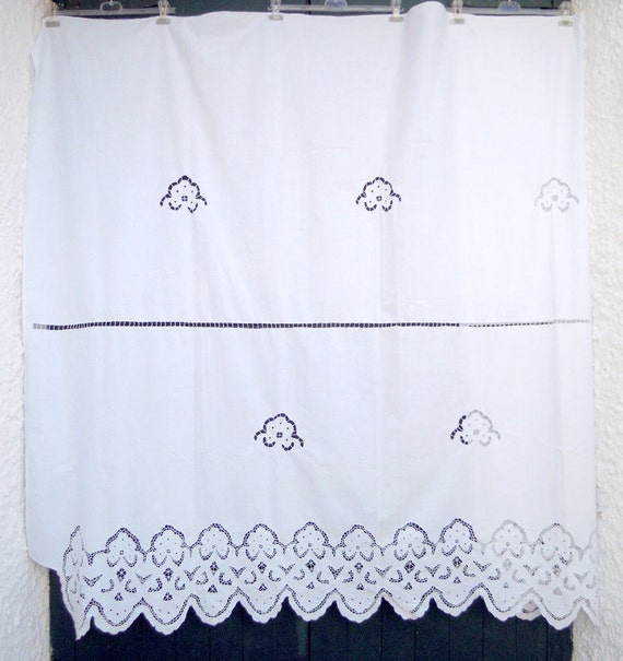 Vintage white curtain with handmade crochet designs Traditional curtains Greek handiwork 925 Mediterranean style Cottage chic