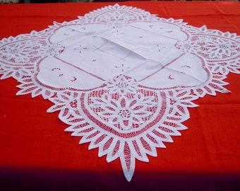 Handmade White Cotton Tablecloth: Square Cutwork Lace Centerpiece