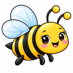 Puede incluir: Una ilustración de dibujos animados de una abeja con un cuerpo redondo de rayas amarillas y negras, alas azul claro translúcidas y dos antenas con puntas amarillas. La abeja tiene una cara sonriente con ojos grandes y mejillas rosadas.