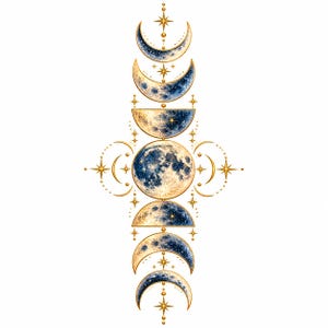May include: A vertical graphic illustration of moon phases featuring a central full moon surrounded by waxing and waning crescents. The design incorporates gold-colored stars and thin lines connecting the celestial bodies in a symmetrical arrangement.