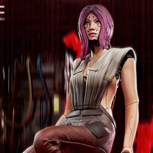 May include: A collectible figurine of a character with purple hair, facial markings, and a mechanical arm, wearing a beige sleeveless top and dark textured pants. The base features the yellow Cyberpunk 2077 Phantom Liberty logo text.