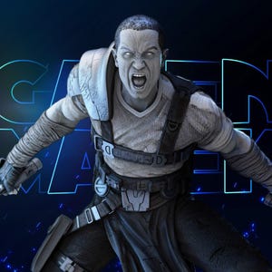 Peut inclure: Un modèle 3D d'un personnage à l'expression criante, portant une chemise texturée de couleur claire, un pantalon sombre et un harnais. La figurine tient un sabre laser bleu brillant dans chaque main. Le texte GALEN MAREK apparaît en bleu.
