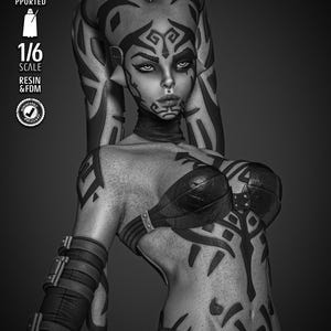 May include: A 1/6 scale resin and FDM 3D printed figurine of a humanoid character with head-tails, wearing a dark bra and arm guards. The figure features intricate black tribal-style markings across the face, torso, and arms. Text includes TESTED PRESUPPORTED, 1/6 SCALE, RESIN & FDM, and SW3D PATREON.