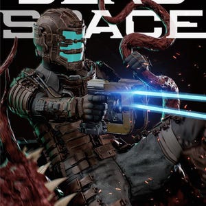 May include: A detailed figurine of a character in dark brown mechanical armour with a glowing cyan visor, holding a plasma cutter that emits two parallel blue laser beams. The text DEAD SPACE appears in white above the figure, with red tentacles.