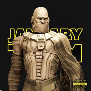May include: A beige 3D-printed figurine of a bald, armoured character with a metallic jaw guard, textured chest plating, and a flowing cape. The background features the yellow text "JANUARY" and a logo reading "STAR 3D MODELS WARS" in the corner.