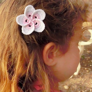 May include: A pink and white crocheted flower hair clip. The flower has five petals and is attached to a metal clip.