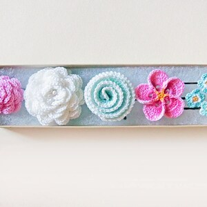 May include: A set of five crocheted flower hair clips in a box. The clips are in shades of pink, white, and blue.