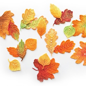 Puede incluir: Una colecci&oacute;n de hojas de oto&ntilde;o de ganchillo en varios tonos de naranja, amarillo y verde. Las hojas est&aacute;n dispuestas sobre un fondo blanco.