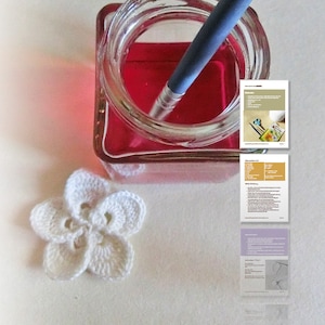 May include: A white crocheted flower with five petals, a glass jar filled with red liquid, and a paintbrush. The jar is on a white surface. There are three pages of instructions for crocheting the flower.