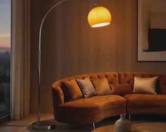 Mid-Century Modern Arched Floor Lamp with Orange Shade