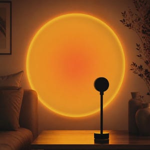 Pode incluir: Uma lâmpada de pôr do sol preta com um suporte vertical fino e uma cabeça circular, projetando uma luz circular grande e vibrante em tons de laranja e amarelo na parede, criando um efeito brilhante que imita o sol no céu.