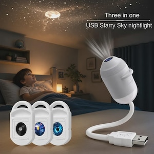Peut inclure: Une veilleuse USB ciel étoilé blanche avec un col flexible et un connecteur USB. L'appareil projette un motif de lune et d'étoiles au plafond. Trois unités rectangulaires blanches avec des lentilles circulaires sont au premier plan.