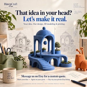 May include: A blue 3D printed architectural model with a dome and stairs, surrounded by a green desk organizer, a speckled mug with text, an orange snail figure, and sketches labeled HavnCraft, That idea in your head? Let's make it real.