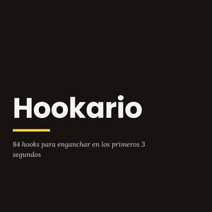 May include: A black digital document cover with white text reading "GUION · UGC · SHORTS & REELS", "Hookario", and "84 hooks para enganchar en los primeros 3 segundos". A yellow horizontal line sits below the title, with "SARA PÉREZ" at the bottom.
