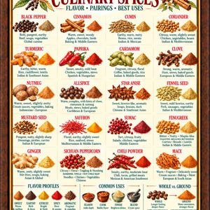 May include: A framed educational poster titled A Field Guide to Culinary Spices, featuring illustrations and descriptions of various spices like black pepper, cinnamon, and cumin, along with flavor profiles, common uses, and a landscape illustration.