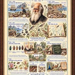 May include: A framed educational poster titled Charles Darwin Naturalist Biologist Geologist featuring a central portrait of Darwin surrounded by illustrated panels detailing his life, scientific voyages, the HMS Beagle, Galapagos observations, and his publications.