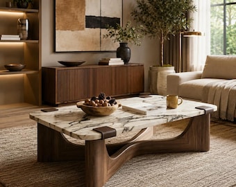Calacatta Marble Coffee Table, Curved Walnut Wood Base, Leather Strap Accent, Japandi Modern Furniture