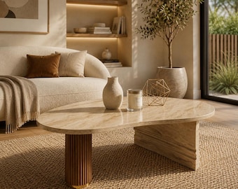 Curved Travertine Coffee Table, Organic Modern Stone, Fluted Wood Base