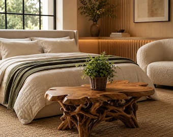 Live Edge Teak Root Coffee Table, Handcrafted Solid Wood, Organic Boho Furniture