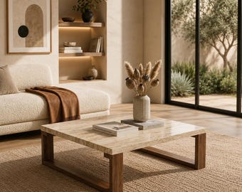 Mesa de centro cuadrada de travertino, base de nogal macizo, estilo Japandi.