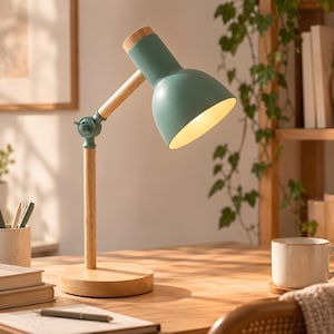 Peut inclure: Une lampe de bureau dotée d'un abat-jour en dôme en métal vert sauge et d'une base, d'un pied et d'un bras en bois clair. La lampe possède un mécanisme d'articulation réglable reliant le bras à l'abat-jour, permettant un éclairage directionnel.