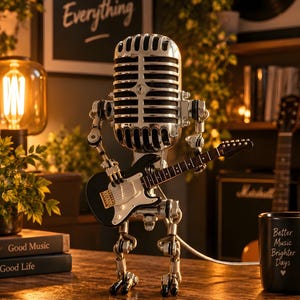 May include: A metallic robot figurine constructed from mechanical parts, featuring a vintage-style silver microphone head and holding a small black electric guitar. The robot has articulated limbs and stands on two feet, with a silver cable extending from its base.