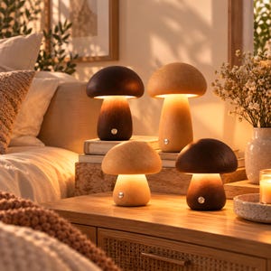 Può includere: Quattro lampade a forma di fungo con cappelli e steli in legno in finiture marrone scuro e marrone chiaro. Ogni lampada presenta un cappello arrotondato, una base cilindrica e un piccolo pulsante di accensione circolare argentato sul davanti.