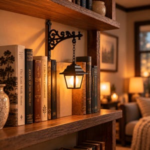 Può includere: Una lanterna da parete in metallo nero con una staffa decorativa a volute, sospesa da una catena corta. La lanterna presenta una cornice quadrata con pannelli in vetro e una lampadina luminosa all'interno, posizionata tra diversi libri rilegati.