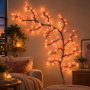 Peut inclure: Une applique murale décorative en forme de branche d'arbre étendue, dotée de nombreuses petites ampoules lumineuses en forme de fleurs orange. Les branches sombres et fines s'étendent sur le mur, éclairées par la lumière chaude des fleurs.