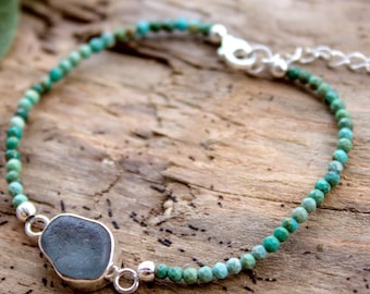 Denim Blue Seaglass Armband mit Türkis Edelstein Perlen Sterling Silber 925