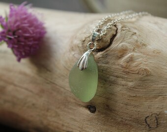 Light Green Seaham Sea Glass Sterling Silver 925 Necklace - English Sea Glass Pendant
