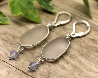 White Seaham Sea Glass Sterling Silver Earrings - English Sea Glass Earrings - Seaglass Earrings - 925 Sterling Silver