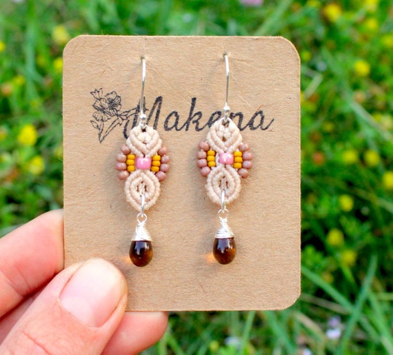 Sterling Silver Macrame Cream Earrings Macrame Earrings Nature