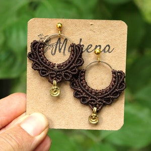 Dark Brown Macrame Earrings - Brown Golden Macrame Earrings -Circle Earrings