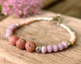 Beaded Pink Jasper and Pink Glass Beads Bracelet - Jasper Bracelet - Gemstone Bracelet