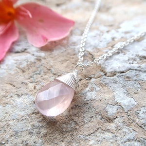 Sterling Silver Rose Quartz Gemstone  Wrapped Necklace - Boho Gemstone Necklace - Rose Quartz Pendant