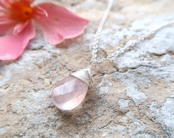 Sterling Silver Rose Quartz Pendant Necklace - Wire Wrapped Gemstone